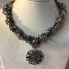 Vintage Sterling Silver Labradorite Islamic Pendant Necklace 18”