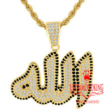 14K Yellow Gold Tone Lab Diamond Allah Muslim Arabic Islamic Pendent +Rope Chain