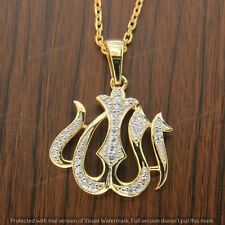 10K Yellow Gold Fn Diamond Islamic Allah Arabic Pendant 0.95" Mini Charm 1/3 CT.