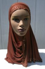 One piece Kuwaiti Mona Rhinestone Hijab Headcover Muslim Wrap BROWN  Abaya