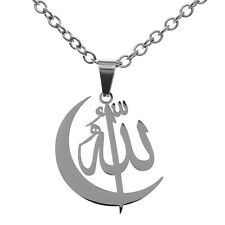 Silver Plated Stainless Steel Allah And Moon Necklace Chain Muslim Islamic Gift