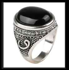 Turkish Islamic 925 Silver Antiqued Ring sz7 Natural Black Agate Gem Vintage Men