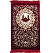 Modefa Islamic Muslim Plush Velvet Janamaz Sajada Prayer Rug Floral Mosque Red