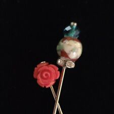 Lot Of 2 Hijab Pins, Red Rose & Blue Crystal Studded w Flower Print Islam Muslim