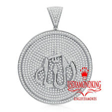 14K White Gold On Silver Allah Muslim Charm Pendant Lab Diamond Medallion 2.75''