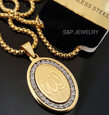 Gold Stainless Steel Allah muslim CZ Pendant & 24" Round Box Chain Necklace 112G