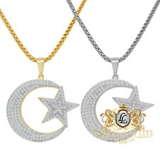 Genuine Sterling Silver Allah Muslim Crescent Moon Star Charm Pendant Chain Set