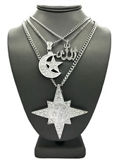 SILVER MUSLIM ISLAM ALLAH,7 STAR FIVE PERCENTER MOON STAR PENDANT CUBAN NECKLACE