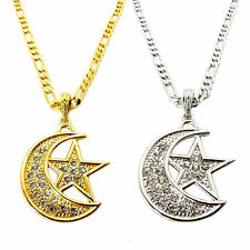 MENS HIP HOP MUSLIM ISLAM MOON STAR CRESCENT PENDANT 24" FIGARO CHAIN NECKLACE