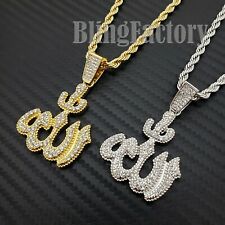 Hip Hop Iced Allah Muslim Pendant & 4mm 24" Rope Chain Fashion Bling Necklace