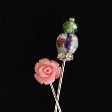 Lot 2 Hijab Pins, Pink Rose & Blue Crystal Studded w Flower Print, Islam Muslim