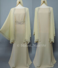 Dubai Cape Abaya Closed Rhinestones Pearl Muslim Women Maxi Dress Yellow Cream