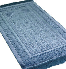 Turkish Islamic Velvet Prayer Rug Sajadah Floral Stamp Luxury Plush Steel Blue