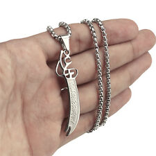 Mens Silver Zulfiqar Imam Ali Sword Muslim Pendant Stainless Steel Necklace Set