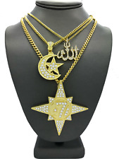 MUSLIM ISLAM ALLAH ,7 STAR FIVE PERCENTER MOON STAR PENDANT CUBAN CHAIN NECKLACE