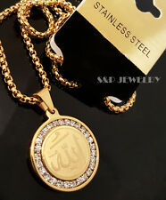 Gold Stainless Steel CZ Allah muslim Pendant & 24" Round Box Chain Necklace 174G