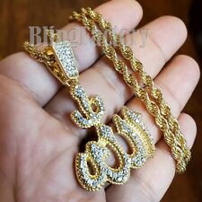 Iced Hip Hop Gold PT Muslim Allah Pendant & 4mm 24" Rope Chain Fashion Necklace