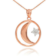 10k Rose Gold Crescent Moon with Diamond Star Islamic Pendant Necklace