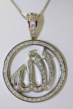 1.8" Sterling Silver SPARKLING CZ Allah, G-d Islam Muslim Circle Pendant 31.2g