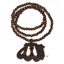 Dark Brown Wooden Allah Name Medallion Long Bead Necklace Islamic Hiphop Jewelry